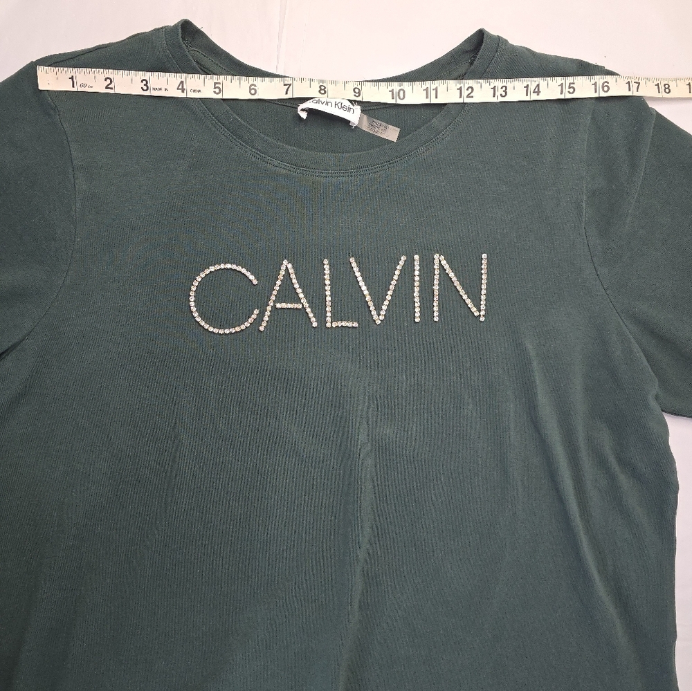 Calvin Klein T-shirt Hunter Green Long Sleeve Crystal Rhinestone Logo L/XL? - Picture 8 of 12